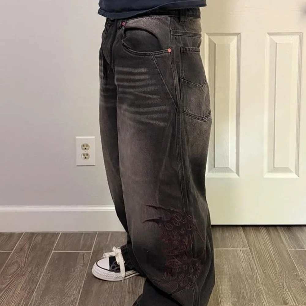 Y2K grunge baggy black embroidered jeans size 34